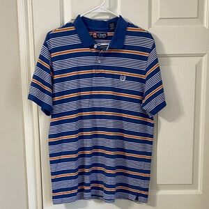 Chaps 2 button short sleeve blue, orange, & white horizontal striped mens polo